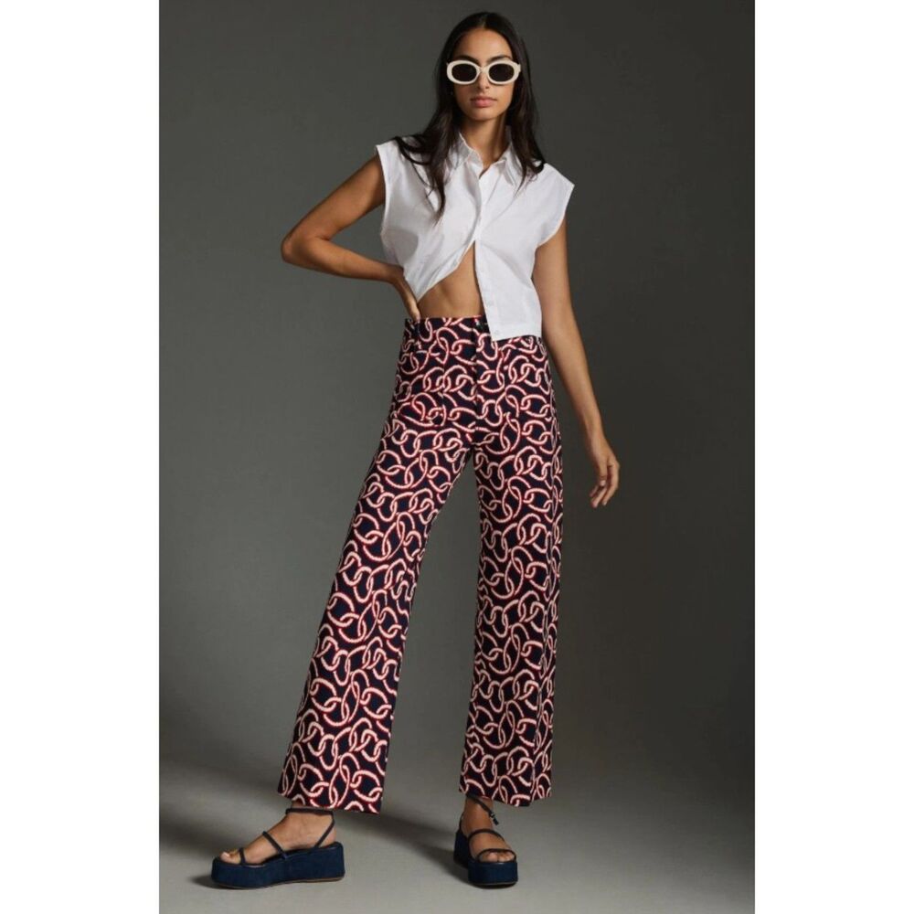 Maeve Anthropologie The Colette Knit Chain Print Wide Leg Pants Navy Red 29